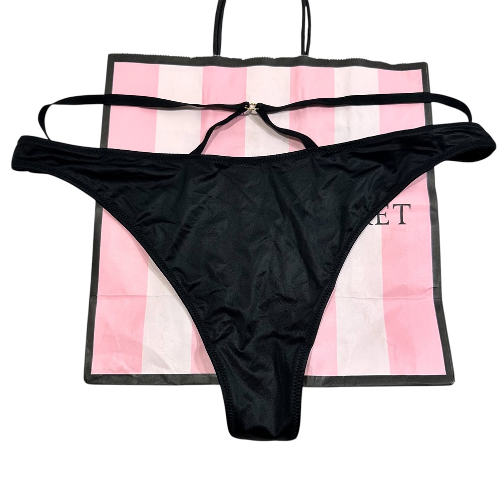 NWT Victoria's Secret Very Sexy Black Thong String G String XL Gold Logo